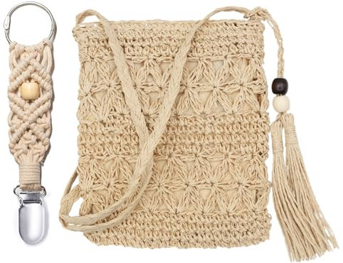 ZOCONE Straw Bag for Women 20x24cm Summer Beach Crochet Bags for Women with Hat Clip, Straw Crossbody Bag with Zipper Handmade Straw Beach Bag with Tassel, Woven Holiday Summer Bags for Travel (Beige)