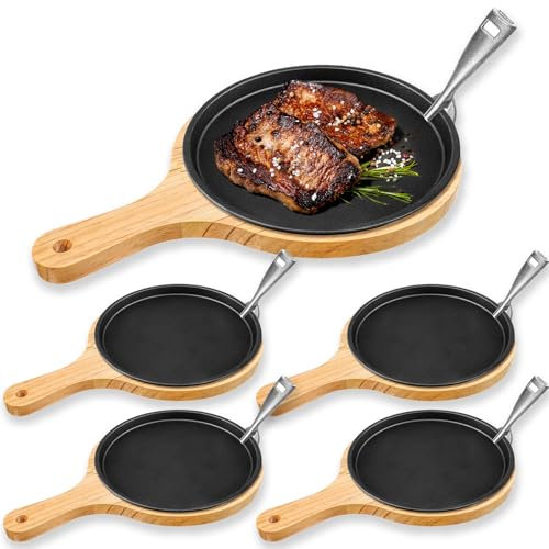 Mimorou 4 Sets Cast Iron Fajita Plate Set 9.45'' Fajita Plate Sizzler Pan with Wooden Tray Anti Scald Protection Handle Cast Iron Skillet Set for Restaurant Home BBQ Party Restaurant