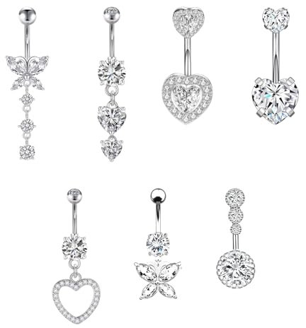 7 Stück Bauchnabelpiercing Ring Set, Hypoallergen Herz und Schmetterling Bauchnabelpiercing, Piercing Bauchnabel für Frauen, Damen