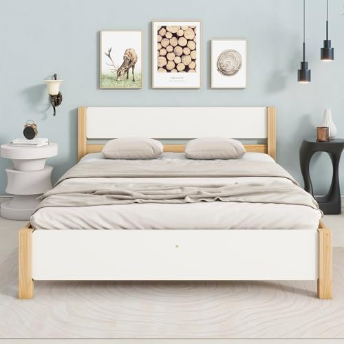 Ojiuboo Doppelbett, Holzbett, Gestell aus Kiefernholz mit Mittelfuß, Jugendbett, Erwachsenenbett, Kopf- und Fußteil aus MDF, weiß + Natur, 140x200cm