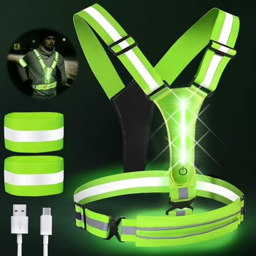 Warnweste LED Aufladbar, Warnweste Fahrrad mit 2 Reflektorbänder, Einstellbare Reflektionsweste Laufweste, LED Warnweste Kinder Sicherheitsweste für Joggen, Wandern, Gehen mit dem Hund