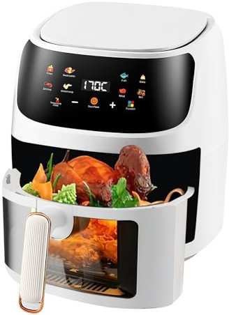 Air Fryer,8L Friteuse Sans Huile 8 Programmes de Cuisson Préréglés avec Fenêtre de Visualisation, Écran Tactile, Fonction Rendez-vous, Friteuse Multifonctionnelle Adaptée à la Cuisine (Blanc)