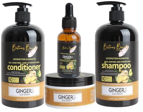 Britains Beauty 4 Pcs Hair Growth Set - Ginger & Tea Tree, Red Onion, Rosemary & Mint for Nourishment, Shampoo, Conditioner, Mask, and Oil for Complete Hair Care (Standard, Ginger)