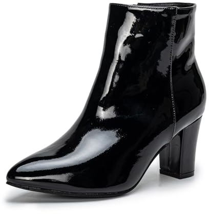 Remxi Women's Ankle Boots Chunky High Heel Chelsea Boots Casual Smart Party Ladies Shoes GlossyBlack UK 5.5