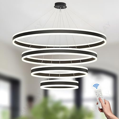 LAMPLAY Runde Moderne LED-Pendelleuchte, 4 Schwarzer Ring-Kronleuchter, Dimmbar Mit Fernbedienung 3000K-6000K Deckenleuchte, Höhenverstellbar, Wohnzimmer, Schlafzimmer, Esszimmer(Ø40+60+80+100cm)
