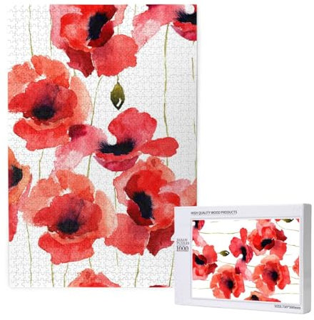 Peinture à l'aquarelle de Coquelicots Rouges,Puzzle 1000 pièces en Bois pour Adultes et Adolescents - Jeu Familial - Décoration Murale