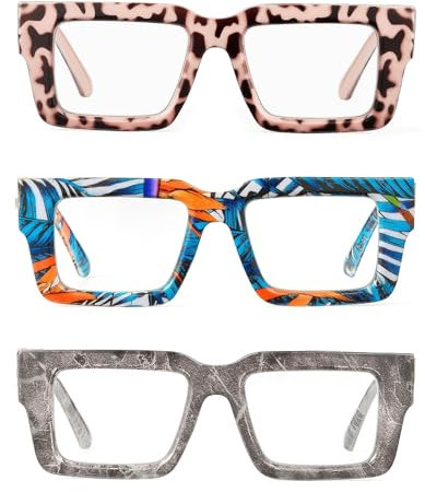 JM 3 Pack übergroße Quadratische Lesebrille Damen Herren, Blaulichtfilter Brille mit Federscharnier 1.0