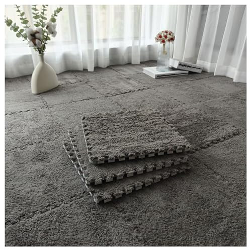Plush Foam Floor Mats,9pcs Interlocking Foam Carpet Mats With Border,Soft Fluffy Foam Floor Tiles Play Mat,Squares Puzzle Area Rugs For Living Room & Bedroom(Size:12x12inch,Color:Gray)