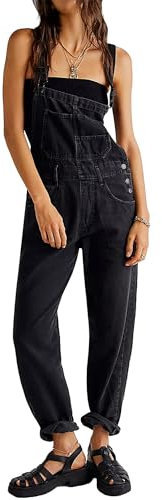 Felcia Women Classic Denim Overalls Loose Fit Straight Leg Adjustable Strap Suspender Jumpsuit Casual Jean Dungarees (Balck A, L)