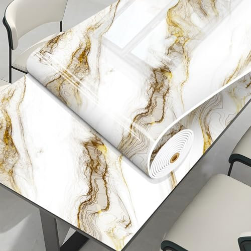 Thick White Marble Contact Paper for Countertops Waterproof Wallpaper Peel and Stick for Cabinets Removable Gold and White Marble Wallpaper for Kitchen Bathroom Counter 23.62 x 110.24