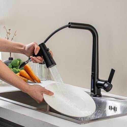 LakeBayMZC Robinet de cuisine avec extractible,Pivotant à 360°,Robinet d'évier avec indicateur de température LED,robinet monocommande avec 3 types de jets,noir mat