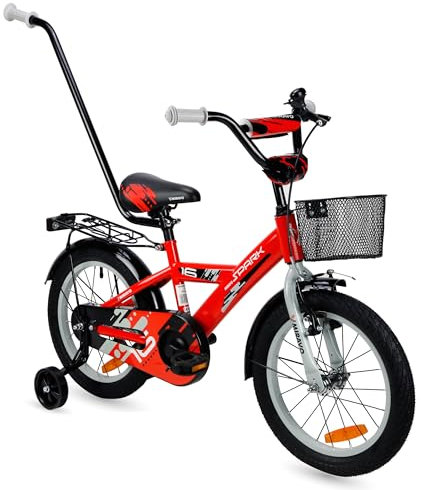 MIRAVO Kinderfahrrad Fahrrad Kinder Ab 3 Bis 6 Jahre Mit Stützrädern Schubstange V-Brake Bremsen Rückstrahl Aufkleber 16 Zoll Radgröße Korb Für Junge Spark Rot Grau