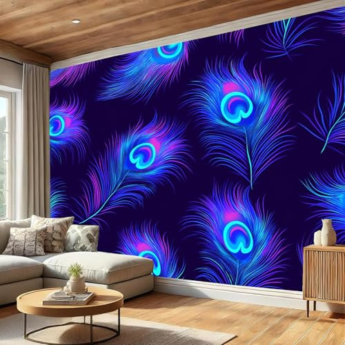 JSCWDET Photo Wallpaper - 3D Artistic Style Wallpaper Mural, 3D Neon Blue Peacock Feathers Effect Mural Wallpaper Silk Wallpaper Murals Wall Decoration Wallpaper,300 × 210 cm