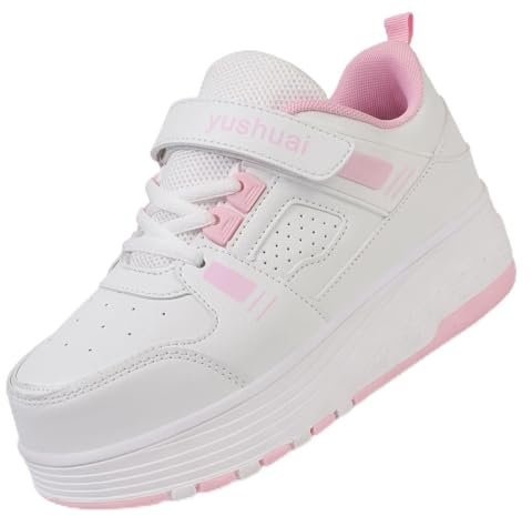 LIWLLIUA Schuhe mit Rollen für Jungen und Mädchen, Kinder Rollschuhe mit 4 Versenkbaren Rollen 2-in-1 Turnschuhe & Skateboardschuhe Rollschuhe für Draußen Größen 32–40,598 pink,32 EU