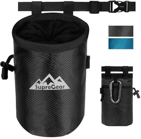 supregear Sacca per Gesso per Arrampicata su Roccia, Ampia Tasca con Cerniera E Portapennello, Chiusura A Cordino E Moschettone, Ideale per Bouldering, Sollevamento Pesi, Palestra, Nero