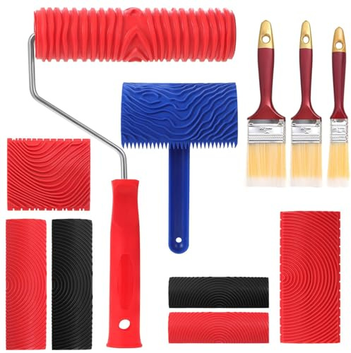 Gummi Malwerkzeug, 8 Stück Holzleim Gummi Malwerkzeug Set, Holzleim Werkzeug, Malerei Möbel Dekoration mit 3 Farbpinsel, DIY Wanddekoration, Gummi Holzmaserung Werkzeug, zum Bemalen von Möbelwänden