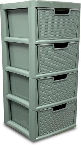 ALEEZ - Large Plastic Sage Green Drawer Storage Unit - Rattan Effect Cabinet for Bedroom, Bathroom & Office - Multipurpose Storage Organiser for Clothes, Toys, Towels, Accessories - (4 Tier)