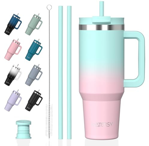 WATERSY 891ml Thermobecher mit 2 Strohhalmen, Trinkbecher Auslaufsicherer Kaffeebecher To Go Vakuum-Isoliert mit BPA frei Schraubdeckel, Trinkflasche Kühlt 12 Stunden,Bonbonrosa