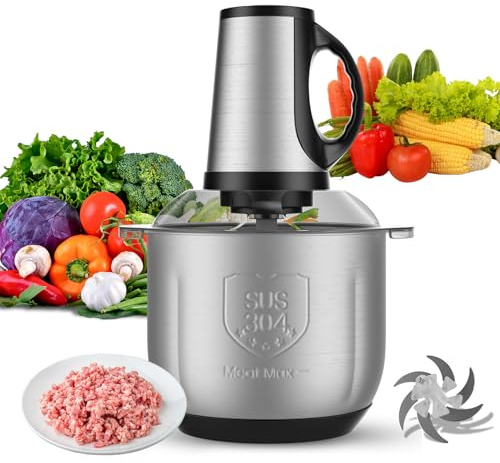 Food Processors, 5L 300W Electric Meat Grinder & Food Chopper with 304 Stainless Steel Bowl, Pure Copper Motor, 3 Speed Settings, Six-Leaf Blade, for Meat/Baby Food/Fruit/Vegetable