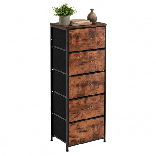 Levede Chest of Drawers, Tall Chest of Drawers with 5 Fabric Drawers, Fabric Chest of Drawers with Metal Frame and Adjustable Feet for Bedroom, Hallway, Living Room, Brown