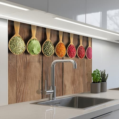 KitchenYeah© Spritzschutz Küchenrückwand Selbstklebend Küche Rückwand | 80x100 cm - Küchenwand Wand Küchenfront Verkleidung Küchenspritzschutz Löffel - Kräuter - Holz