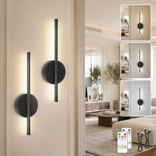TaoFiaCo 40 cm Rechargeable Wall Lights with Remote Control Indoor, Black | Battery Operated Wall Lights for Living Room Bedroom, Wireless Wall Sconces, 4400 mAh Battery, 3 Color Temperatures