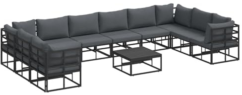Owoxanthellate Gartensofa Set 11-teilig Schwarz mit Anthrazitkissen, Aluminium Gartenmöbel Eckbank 71,5 x 71,5 cm, Lounge Möbel Outdoor wetterfest & leicht für Terrasse Balkon Sitzgruppen