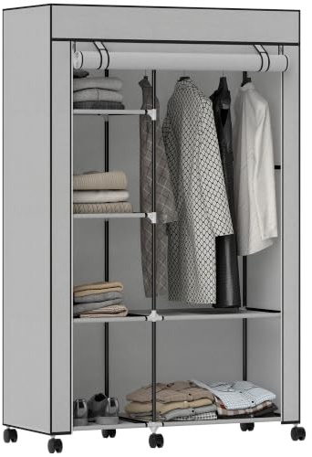 HOMCOM Kleiderschrank mit 6 Ablagen, Rollen, 103 x 43 x 162,5 cm Hellgrau | Kleiderstange, Reißverschluss, Stoffschrank, Faltschrank, Ankleidezimmer, Schlafzimmer