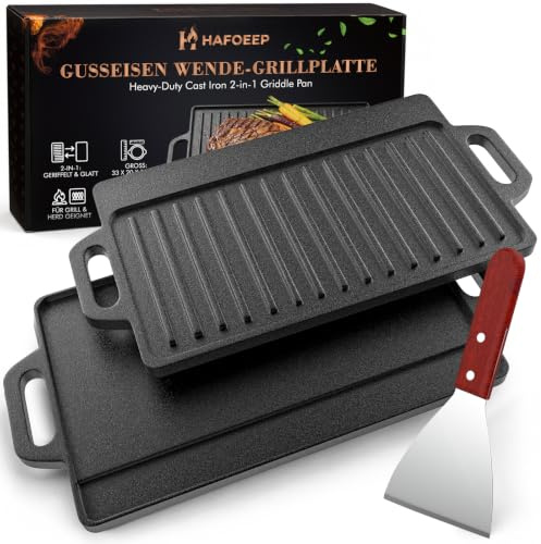 Grillplatte Gusseisen, Gusseiserne Wende-Grillplatte mit Grillspachtel | 40 x 20 cm Gussgrillplatte für Gasgrill, Induktion, Holzkohlegrill, Herd & Ofen, BBQ Grillzubehör für Steak Fleisch Gemüse