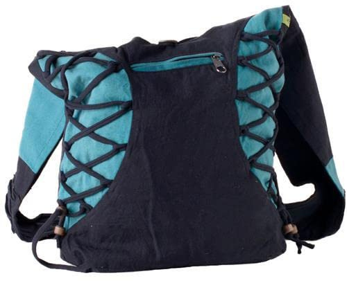 Vishes Alternative Bekleidung - Yogi Umhängetasche aus Baumwolle mit Schnüren und Holzperlen schwarz-türkis