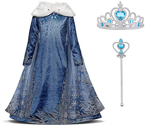 URAQT Kostüm Mädchen, Kleid mit Krone und Zauberstab, Kostüm Kinder Prinzessin Cosplay für Karneval Verkleidung Hochzeit Halloween Party (150CM)