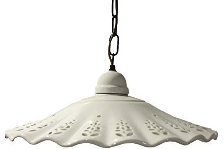 Keyhomestore- Lampadario in Ceramica, Colore Bianco, diametro cm 43, comprensivo di Catena in ceramica, Ideale come complemento di Arredo per Interni, Lampadario per cucina e salotto.