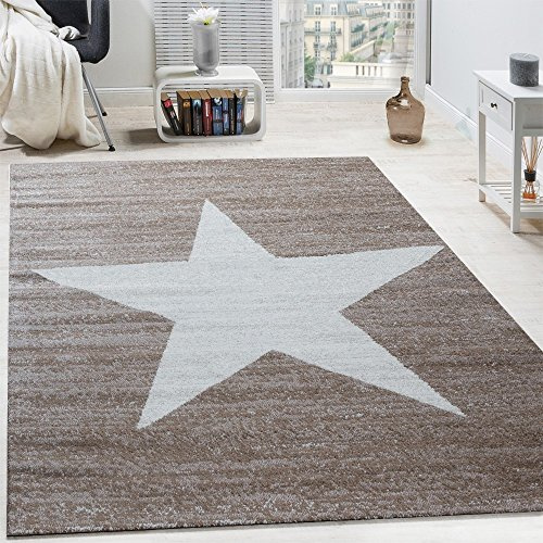 Paco Home Wohnzimmer Teppich Mit Stern Muster, Moderner Kinder- und Jugendzimmer Kurzflor, Grösse:200x280 cm, Farbe:Braun