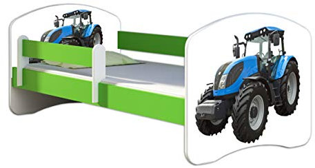 ACMA Kinderbett Jugendbett mit Einer Schublade und Matratze Grün mit Rausfallschutz Lattenrost II 140x70 160x80 180x80 (42 Traktor, 160x80)