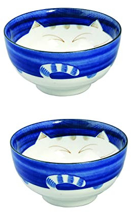 JapanBargain, Set of 2 Japanese Large Porcelain Bowls Seving Soup Rice Noodle Salad, Maneki Neko Smiling Cat Pattern, 34 fl.oz, 6.25-inch, Made in Japan