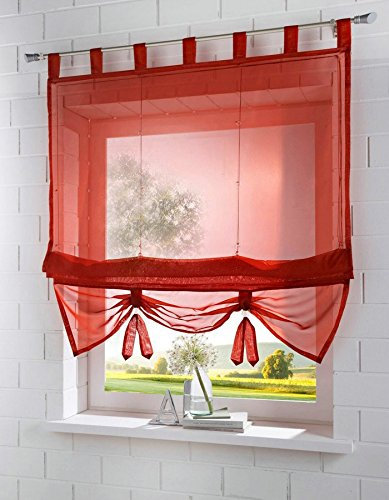 Yaland Voile Raffrollo transparentes einfarbiges Raffollo mit Schlaufen Schlaufenrollo Fenster Schal (BxH 140x155, rot) 1 Stück