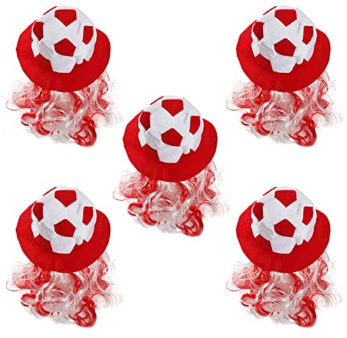 I LOVE FANCY DRESS Adults Football Hat - Pack of 5 - Red & White Football Hat with Attached Red & White Hair - Adults Sports Supporters World Cup Euros Accessory