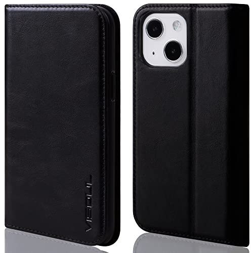 VISOUL Hülle für iPhone 13 Handyhülle Schutzhülle TPU [Erstklassiges Echtleder] [Kartenfach] [Magnet] [Standfunktion], Stoßfest Telefon Lederhülle Kompatibel mit iPhone 13 6,1 Schwarz