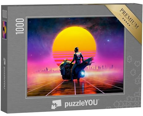 puzzleYOU: Puzzle 1000 Teile „Digitale Kunst: Cyberpunk Biker auf seinem Motorrad“ – aus der Puzzle-Kollektion Illustrationen