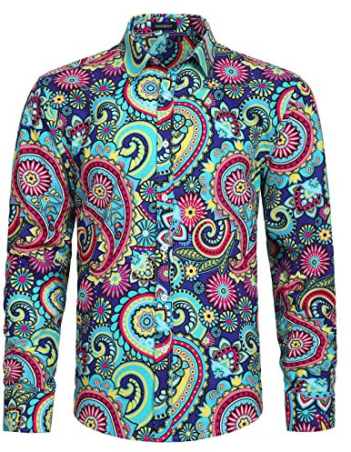 HISDERN Paisley Chemise Homme À Manches Longues Casual Bleu Floral Chemises Boutonné Funky Hawaïenne Chemise pour Hommes M