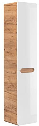 Bathroom Column with Built-In Laundry Basket, Hanging Wardrobe, Storage, Gloss White/Wood, 35 x 35 x 170 cm – Aruba White