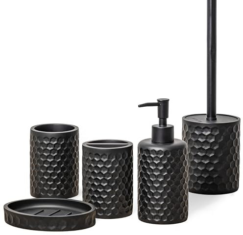 zccz Bathroom Accessories Set 5 Pcs - Soap Dispenser, Toilet Brush Holder, Toothbrush Holder, Bathroom Tumbler, Soap Dish - Vintage Bathroom Accessory Set Decor Countertop Vanity Organizer, Black