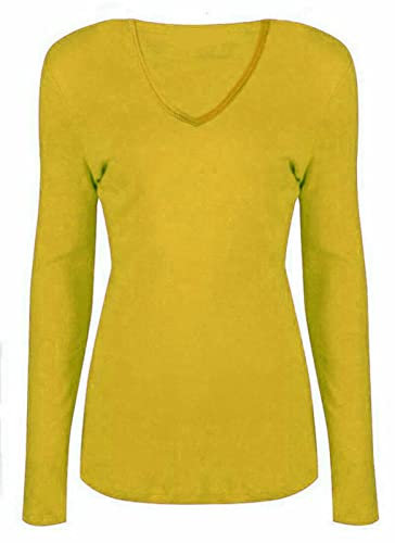 WearAll New Ladies V Neck Long Sleeve Stretch Top Plus Size Womens Plain T-Shirt Mustard 16/18