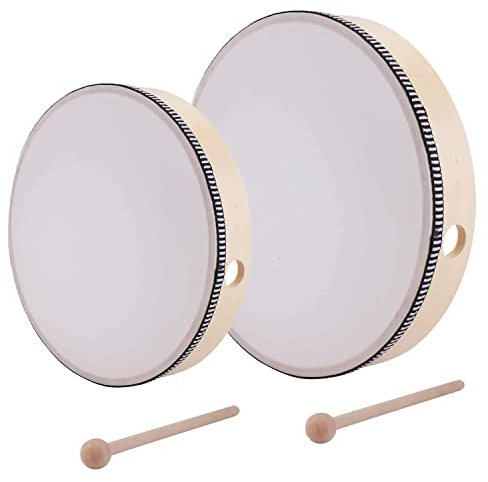 DRERIO 2-teiliges Handtrommel-Percussion-Holz Rahmentrommel-Set 10 Zoll & 8 Zoll mit Stick Kleinkindtrommel Handtrommel Ozeantrommel Schamanentrommel für Party Kinder Tanz- und Liedbegleitung