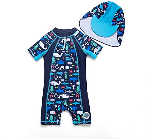 BONVERANO Bañador de una Pieza para bebé recién Nacido, Mangas largas, protección UV 50+, bañador con Cremallera(Azul-Océano,6-9meses