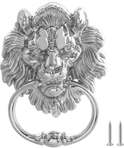 MOLIGOU Löwenkopf-Türklopfer, 15,2 cm Haustürklopfer, Löwen-Türring, Ziehgriff (Silber)