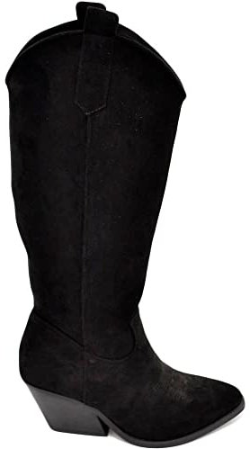 Stivali Texani camperos Donna Lisci in camoscio Nero al Ginocchio con Tacco Legno 7 cm Western Moda Zip (36 EU)