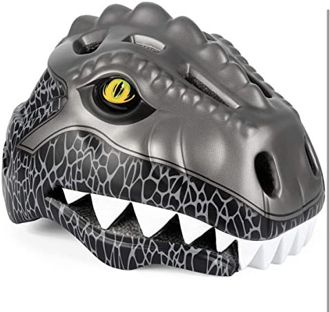 Kinder Fahrradhelm mit LED Licht | Niedliche 3D Dinosaurier Sicherheit Helm für Mädchen, Jungen 3-8 Jahre | Verstellbarer Atmungsaktive Kinderhelm für Fahrrad, Skateboard, Scooter, Skaten-Dunkelgrau