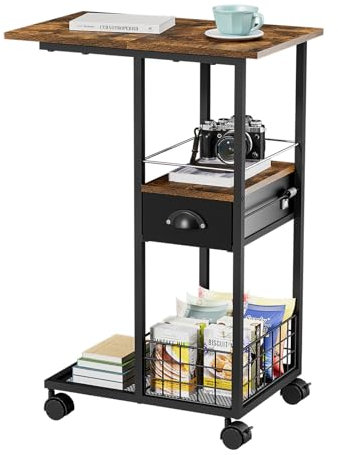 C-förmiger Beistelltisch mit Rollen, Nachttisch mit Schublade für Bett oder Sofa, Couchtisch mit Metallrahmen, Sofatisch für Wohnzimmer, Schlafzimmer oder Home Office