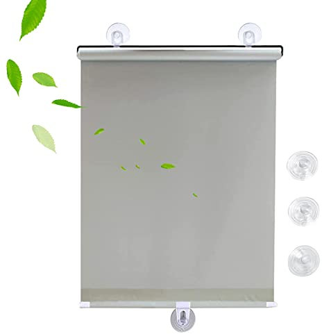 KGUDYS Blackout curtains with suction cups,30-75cm wide sunscreen roller blinds,automatic retractable sunshades,free-perforated,portable temporary blinds for doors and windows,Grey-35x125cm/14x49in